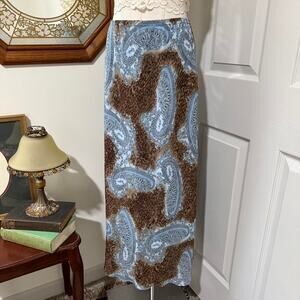 VTG Y2K Blue & Brown Paisley & Animal Print Lettuce Hem Midi Skirt M